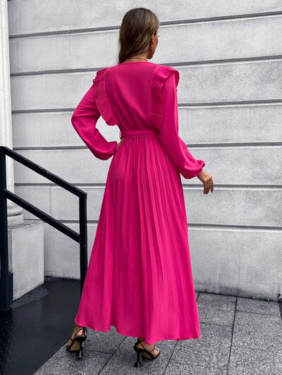 Pleated Surplice Tie Waist Maxi Dress