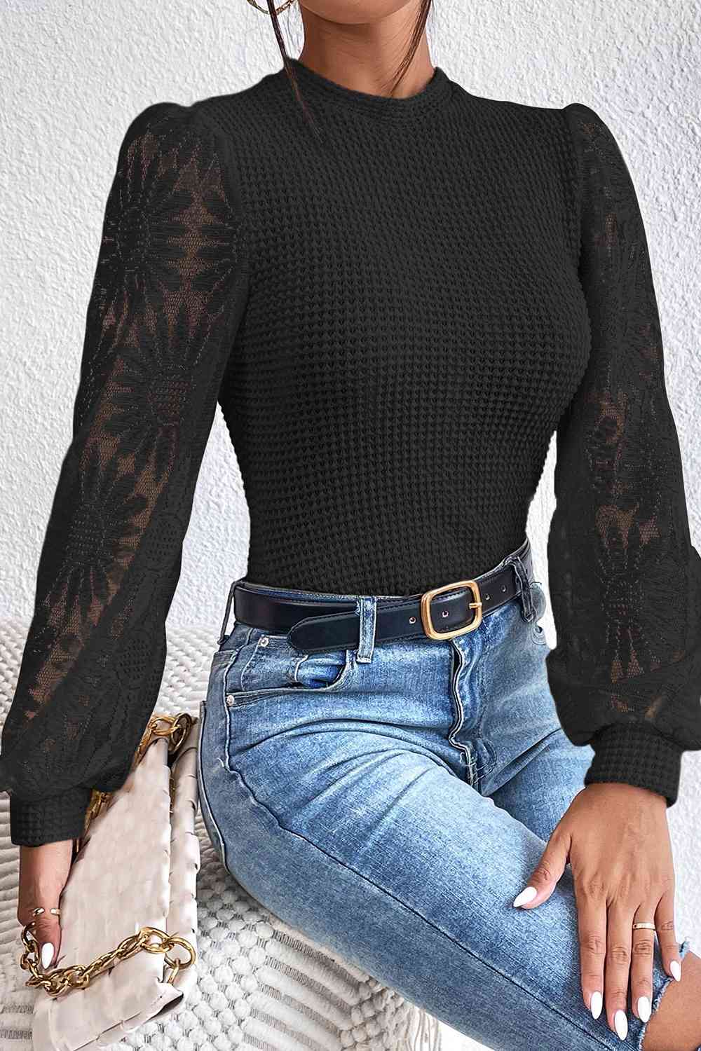 Floral Lace Detail Lantern Sleeve Blouse