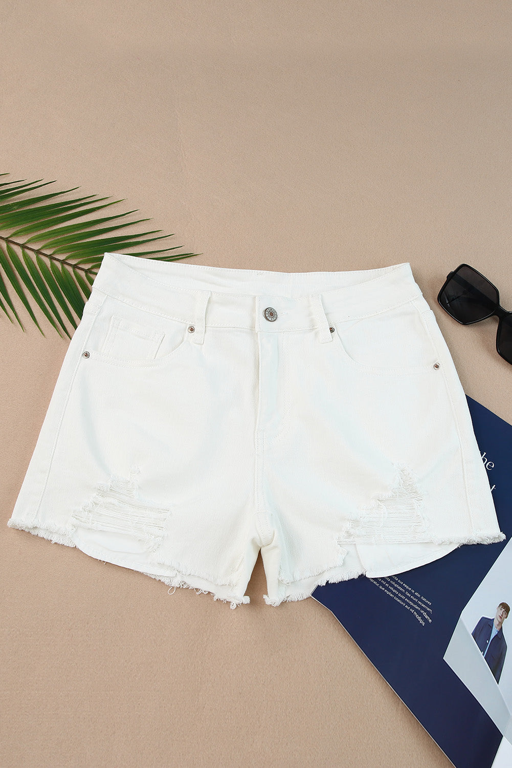 Frayed Hem Distressed Denim Shorts with Pockets