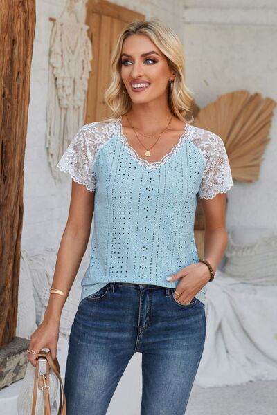 Eyelet V-Neck Lace Short Sleeve T-Shirt