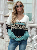 Leopard Color Block V-Neck Sweater