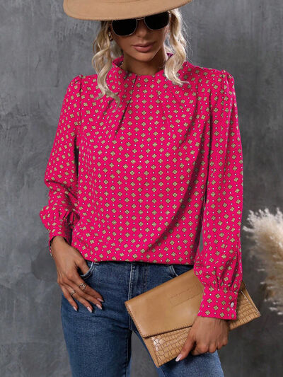 Geometric Mock Neck Long Sleeve Blouse