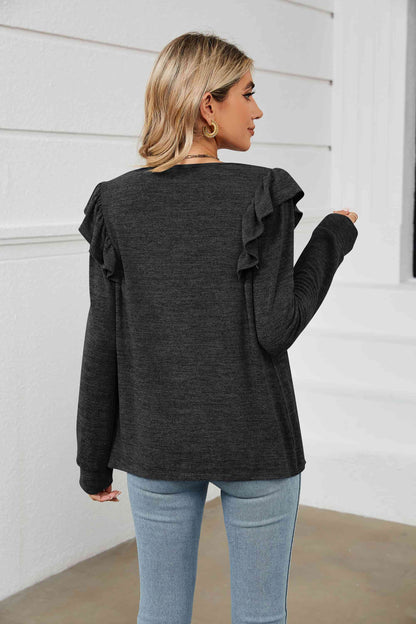 Square Neck Ruffle Shoulder Long Sleeve T-Shirt