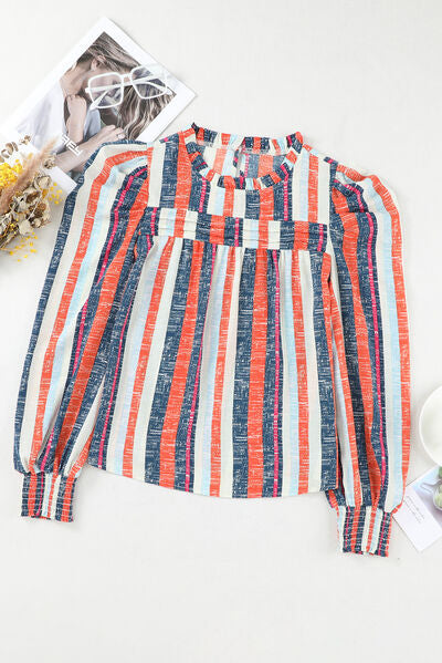 Striped Round Neck Long Sleeve Blouse