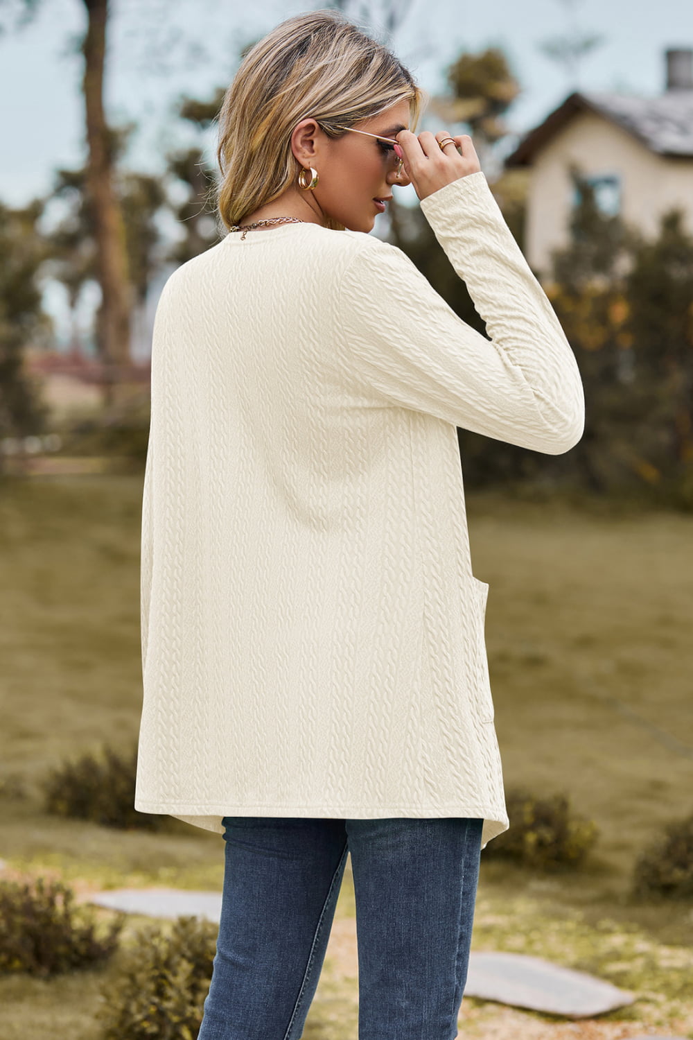 Cable-Knit Long Sleeve Cardigan with Pocket