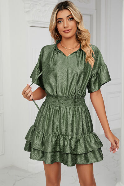 Smocked Tie Neck Flounce Sleeve Dress