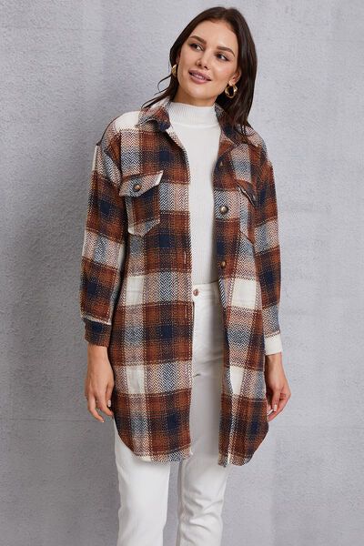 Plaid Button Up Dropped Shoulder Coat with Pockets